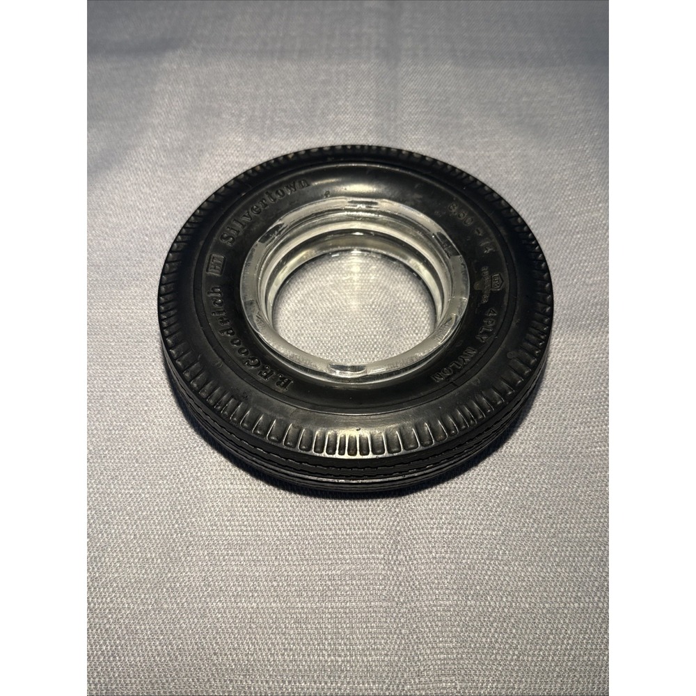 VTG B F Goodrich Silvertown rubber tire 6" ashtray clear glass old advertising